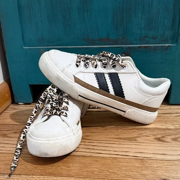 Hey Girl by Corkys White Sneakers with Black Stripes, Leopard Laces - Picture 1 of 4
